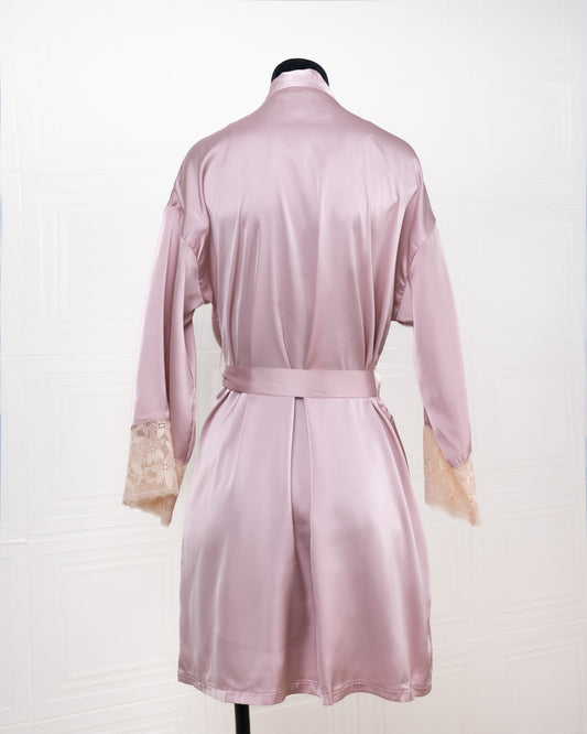 Silk Pink Robe with Lace-trimmed Cuffs - Fever Lingeries