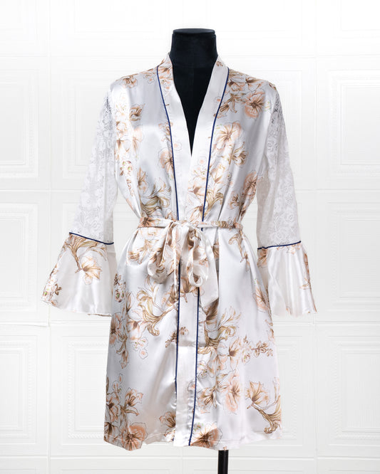 Silk Long-sleeve Bathrobe with Lily Pattern and Lace Details - Fever Lingeries