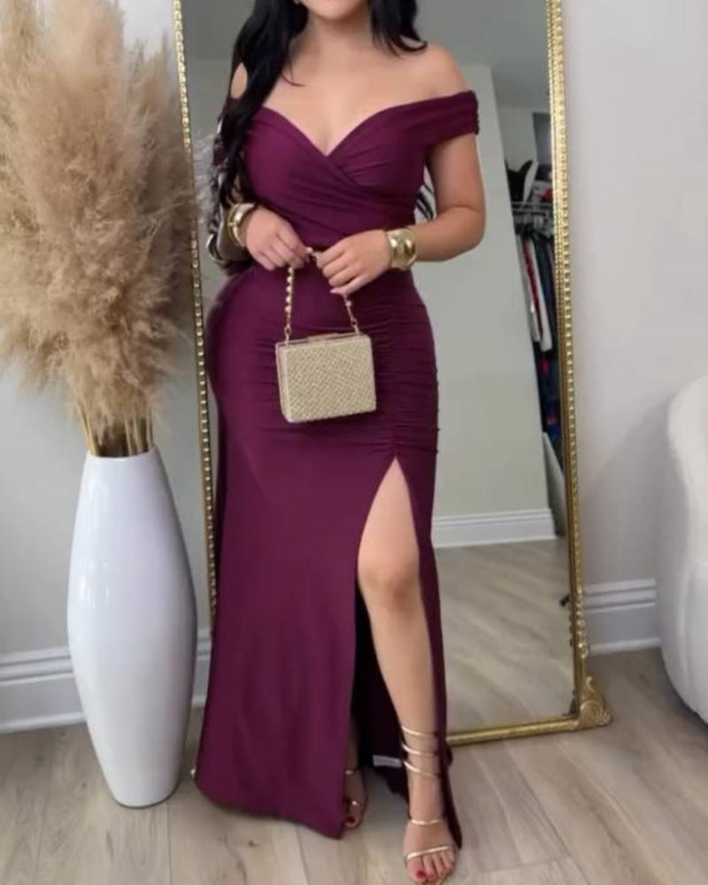 Elegant Off Shoulder V Neck Ruched Maxi Dress Prom Gowns with Side Slit