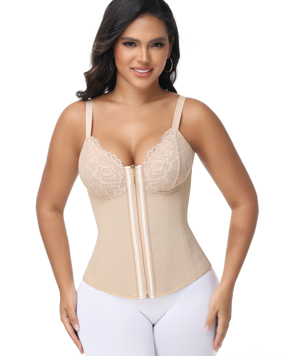 Deep V Lace Corset Top Trimmed Waist Trainer with Front Zipper