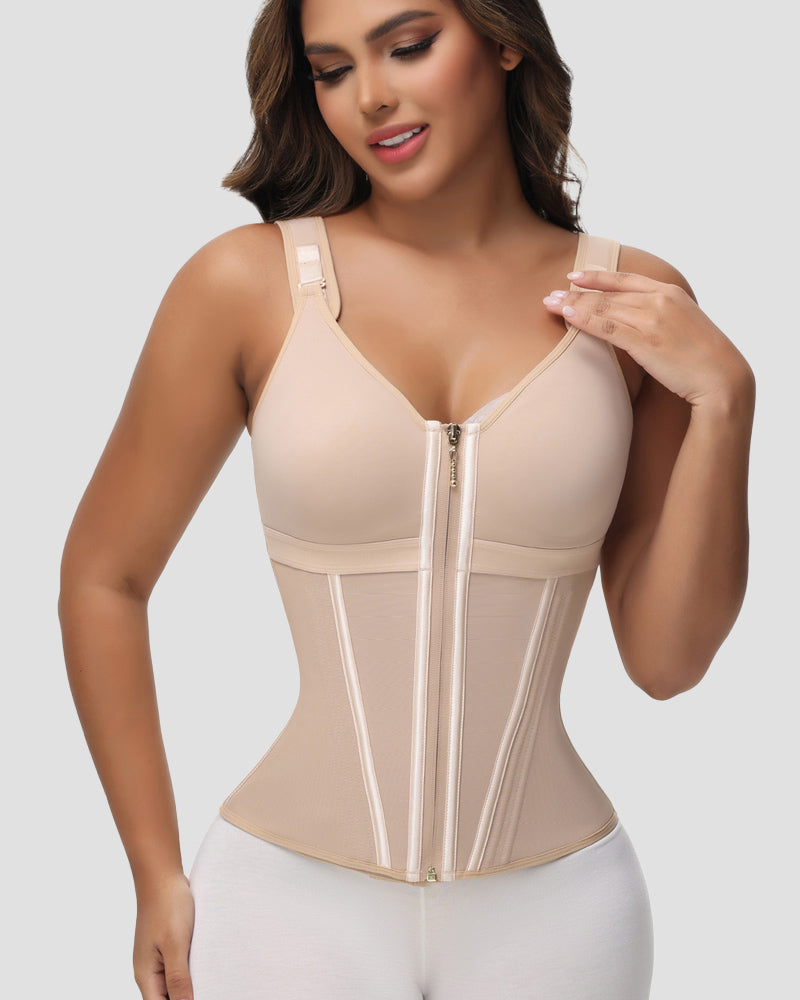 Women's Boned Latex Zipper Corset Tummy Control Body Shaper Vest With Bra
