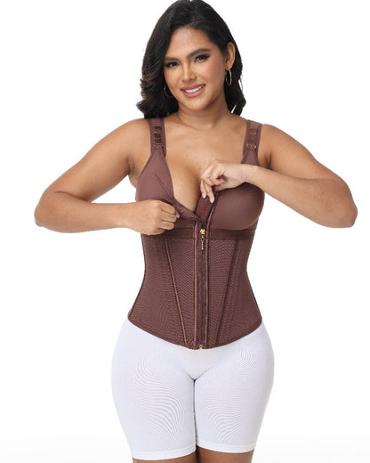 Women's Boned Latex Zipper Corset Tummy Control Body Shaper Vest With Bra