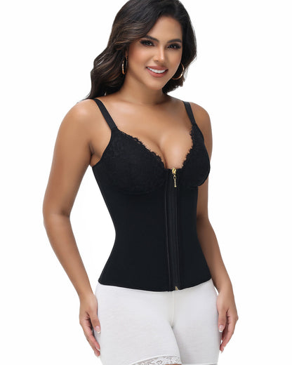 Deep V Lace Corset Top Trimmed Waist Trainer with Front Zipper