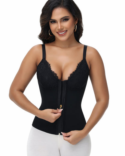 Deep V Lace Corset Top Trimmed Waist Trainer with Front Zipper