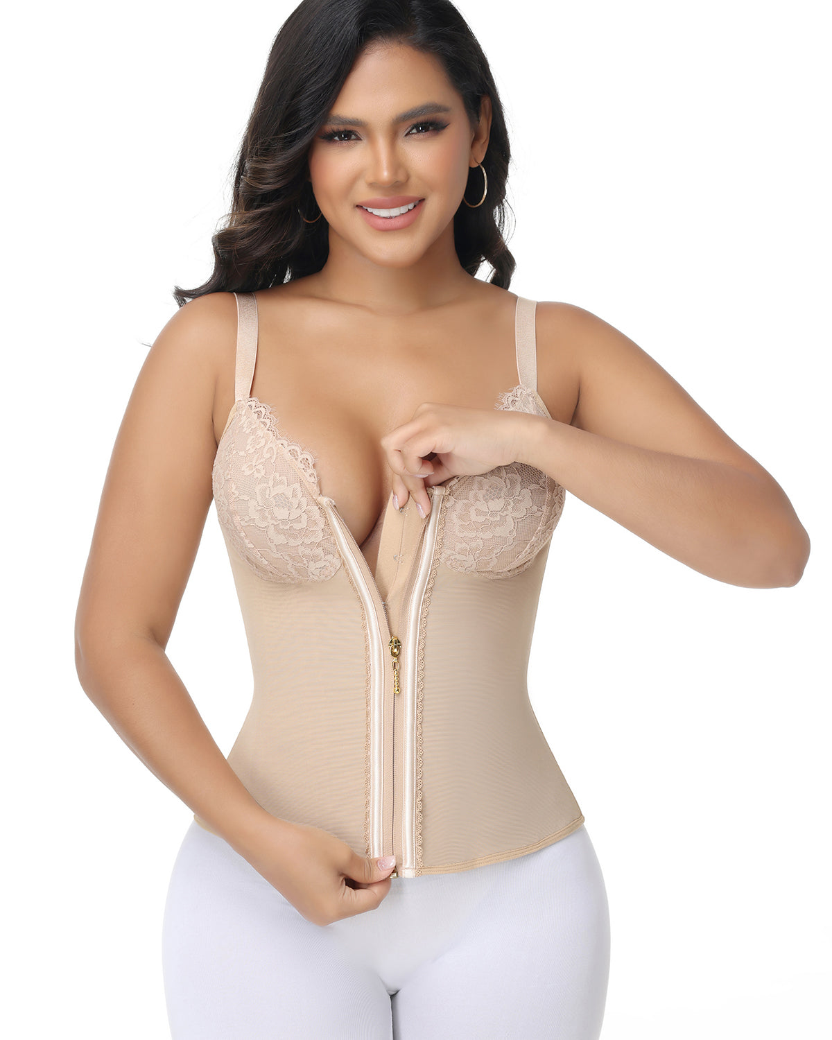 Deep V Lace Corset Top Trimmed Waist Trainer with Front Zipper