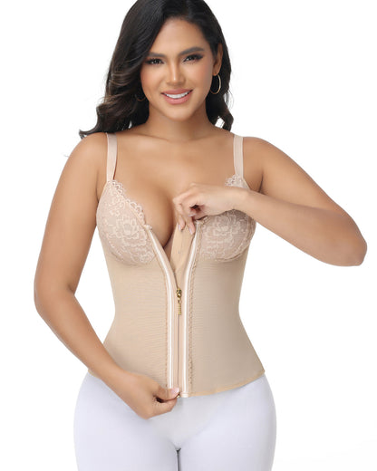 Deep V Lace Corset Top Trimmed Waist Trainer with Front Zipper