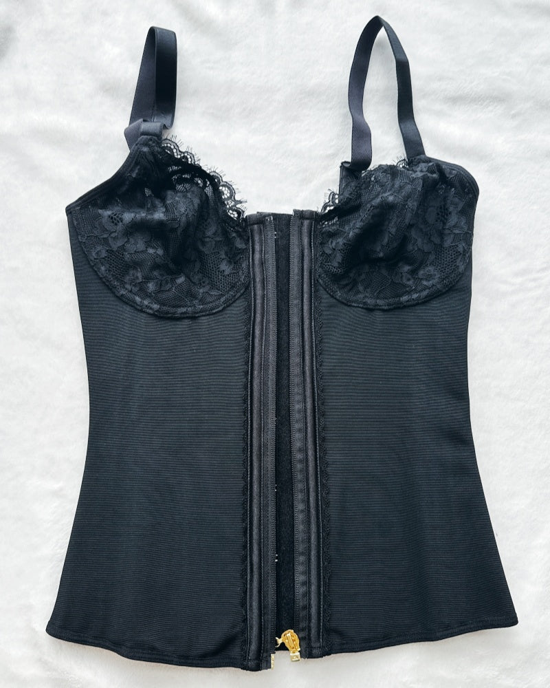 Deep V Lace Corset Top Trimmed Waist Trainer with Front Zipper