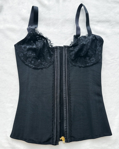 Deep V Lace Corset Top Trimmed Waist Trainer with Front Zipper