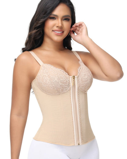 Deep V Lace Corset Top Trimmed Waist Trainer with Front Zipper