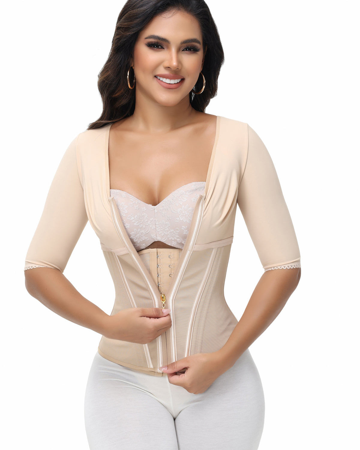 Fajas Colombianas High Compression Half Sleeves V Neck Waist Trainer