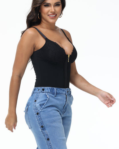 Deep V Lace Corset Top Trimmed Waist Trainer with Front Zipper