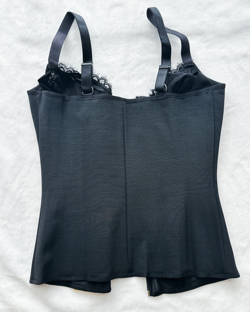 Deep V Lace Corset Top Trimmed Waist Trainer with Front Zipper