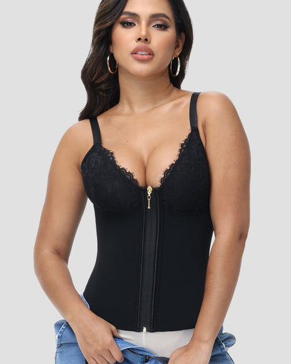 Deep V Lace Corset Top Trimmed Waist Trainer with Front Zipper