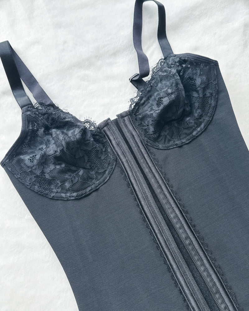 Deep V Lace Corset Top Trimmed Waist Trainer with Front Zipper