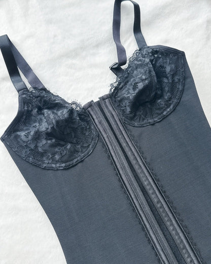 Deep V Lace Corset Top Trimmed Waist Trainer with Front Zipper