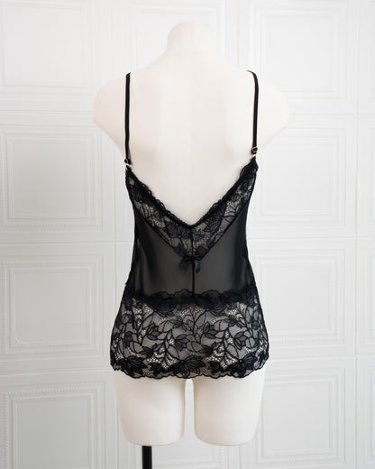 Lace Nightdress with Back Tie Straps Black - Fever Lingeries