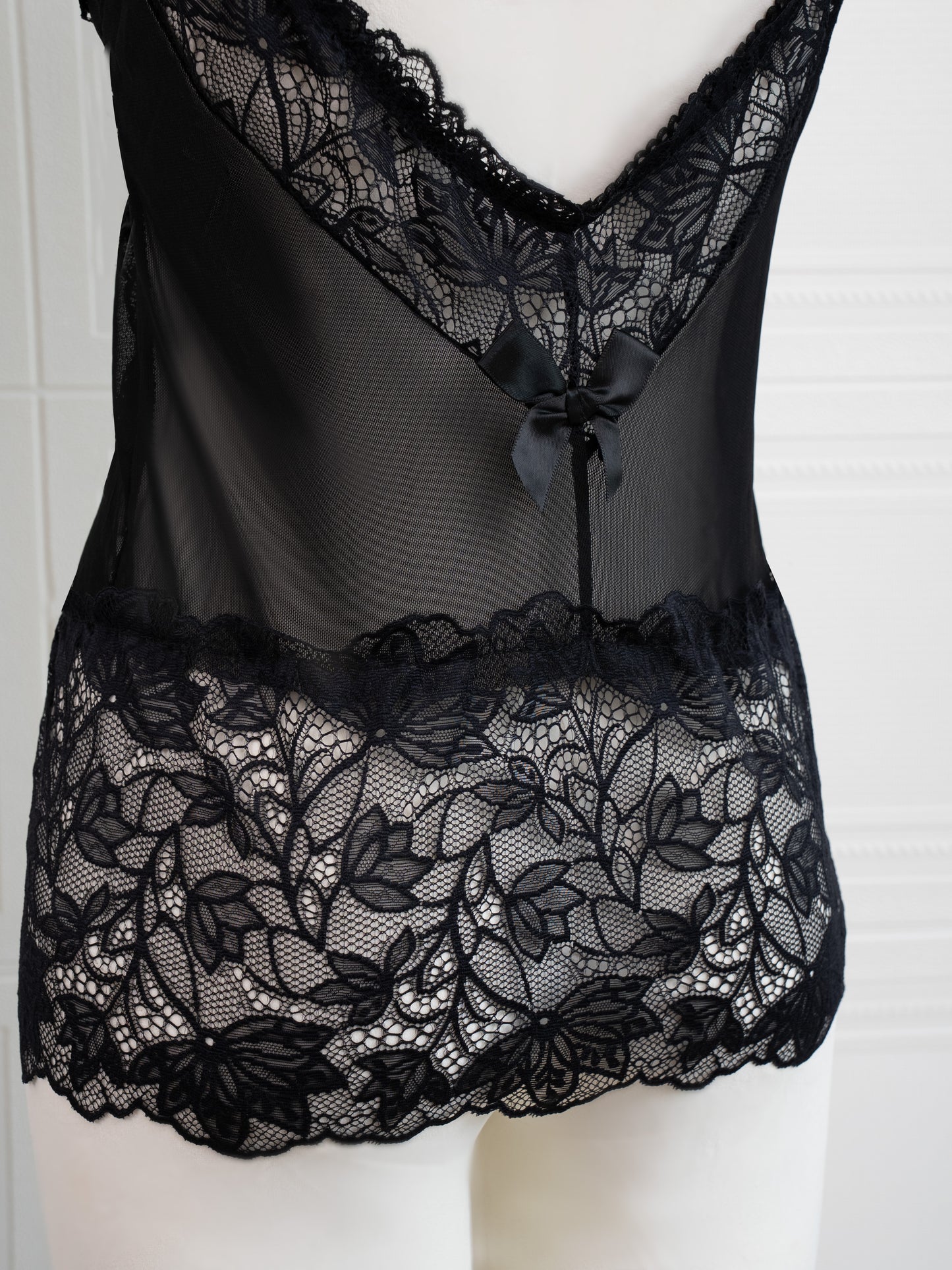 Lace Nightdress with Back Tie Straps Black - Fever Lingeries