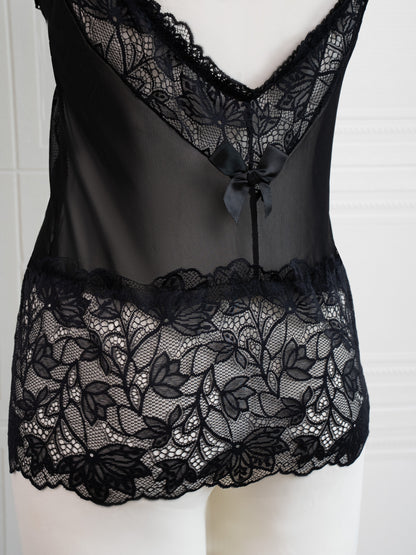 Lace Nightdress with Back Tie Straps Black - Fever Lingeries