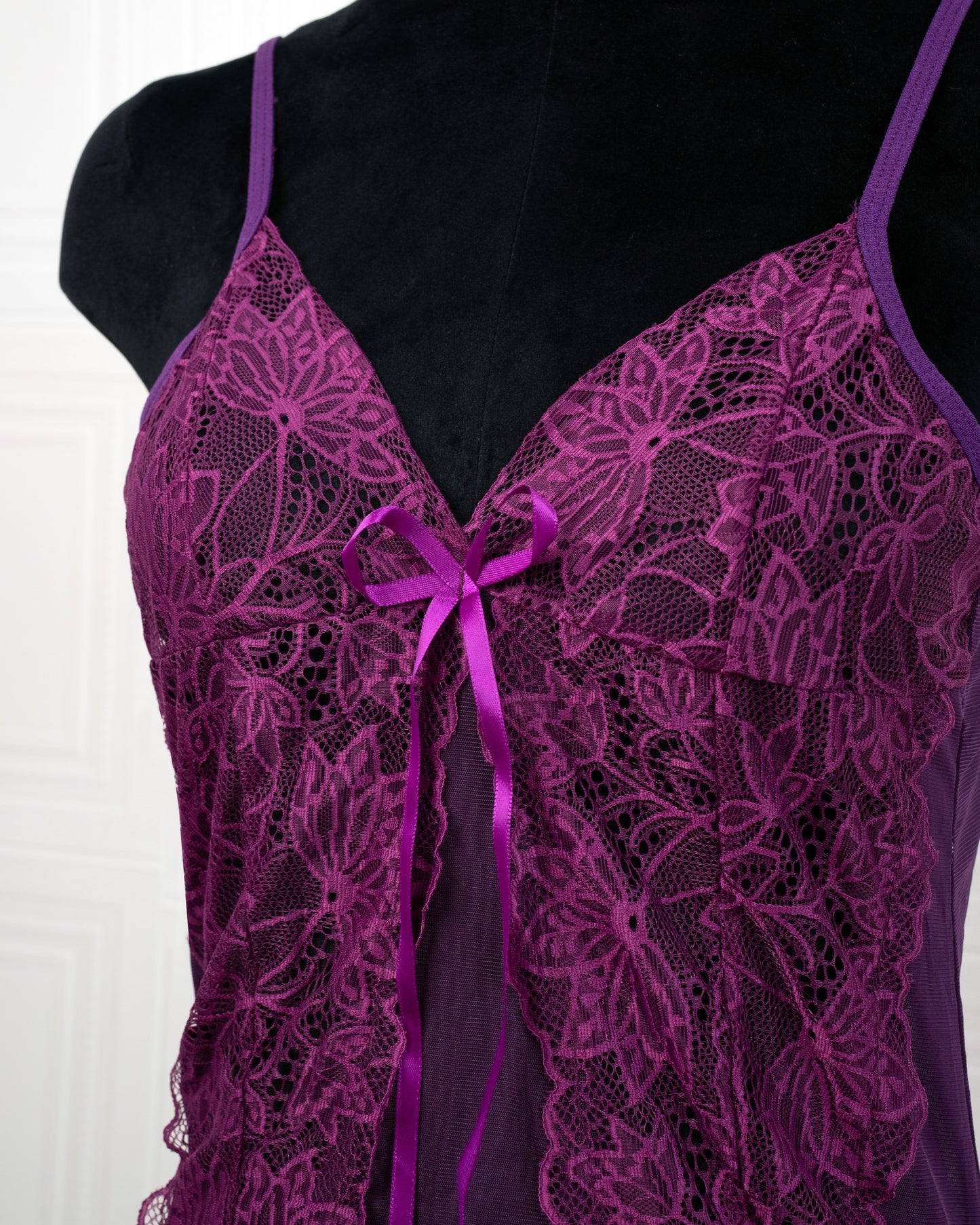 Lace Nightdress with Back Tie Straps Purple - Fever Lingeries
