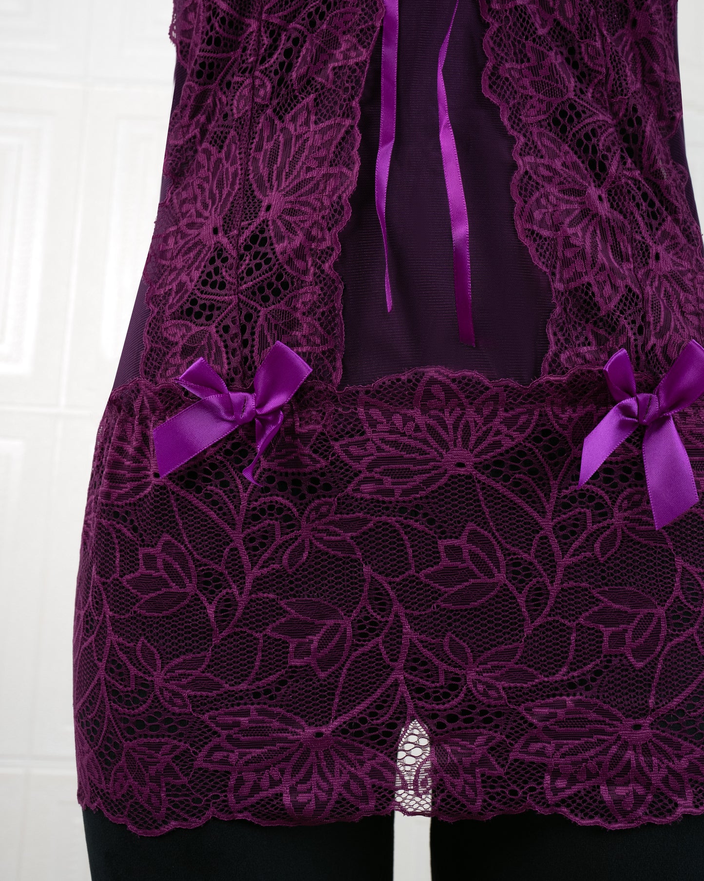 Lace Nightdress with Back Tie Straps Purple - Fever Lingeries