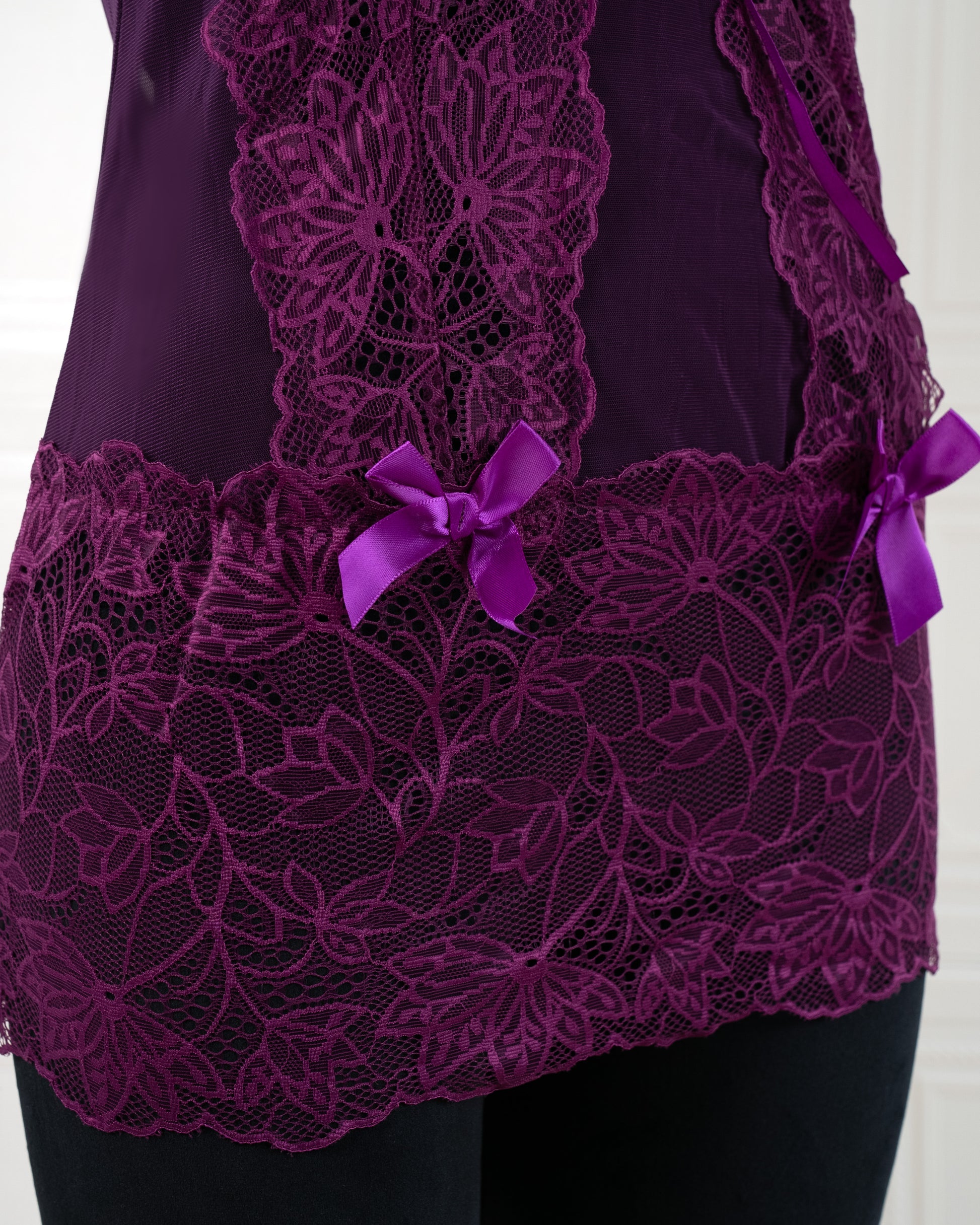 Lace Nightdress with Back Tie Straps Purple - Fever Lingeries