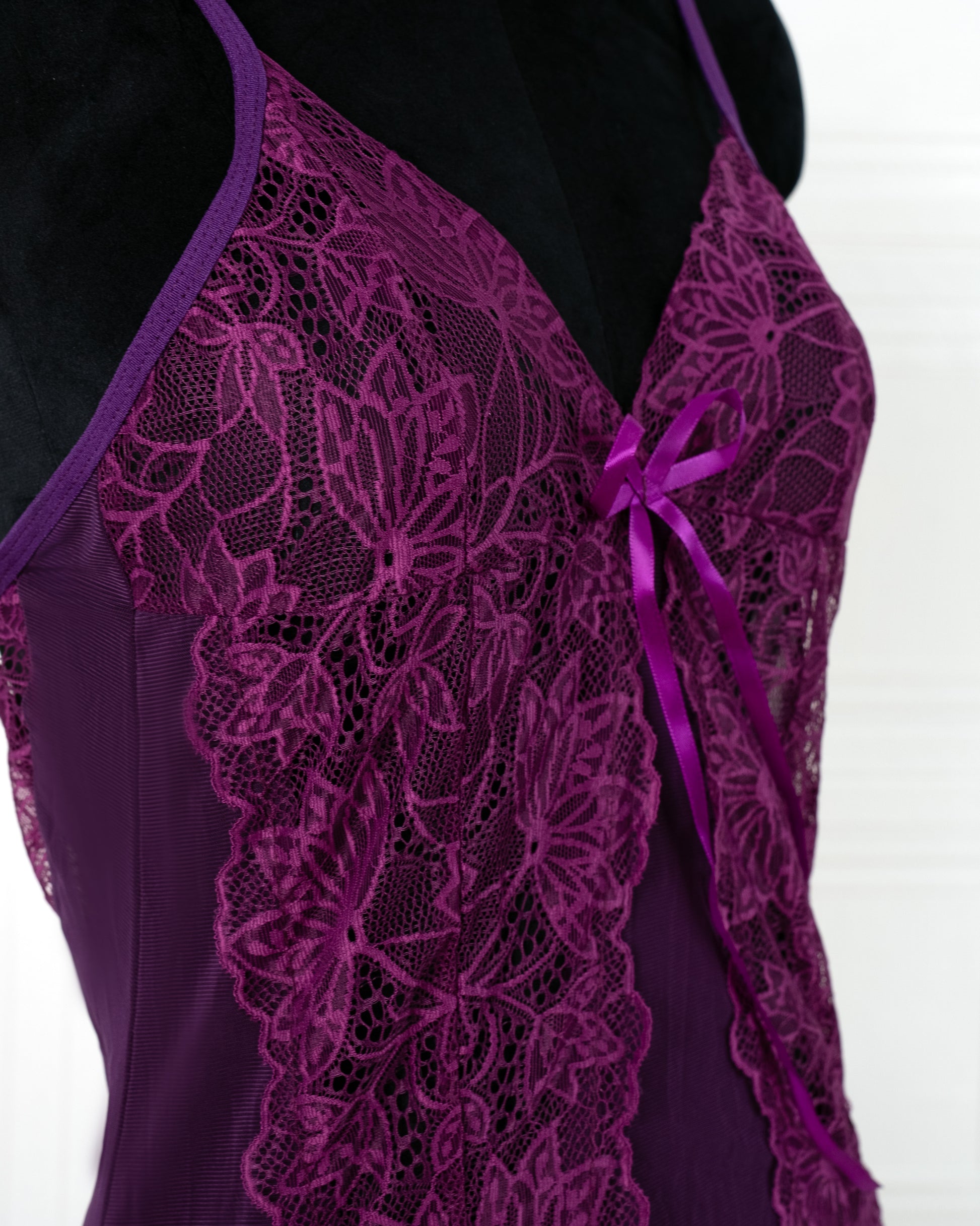 Lace Nightdress with Back Tie Straps Purple - Fever Lingeries
