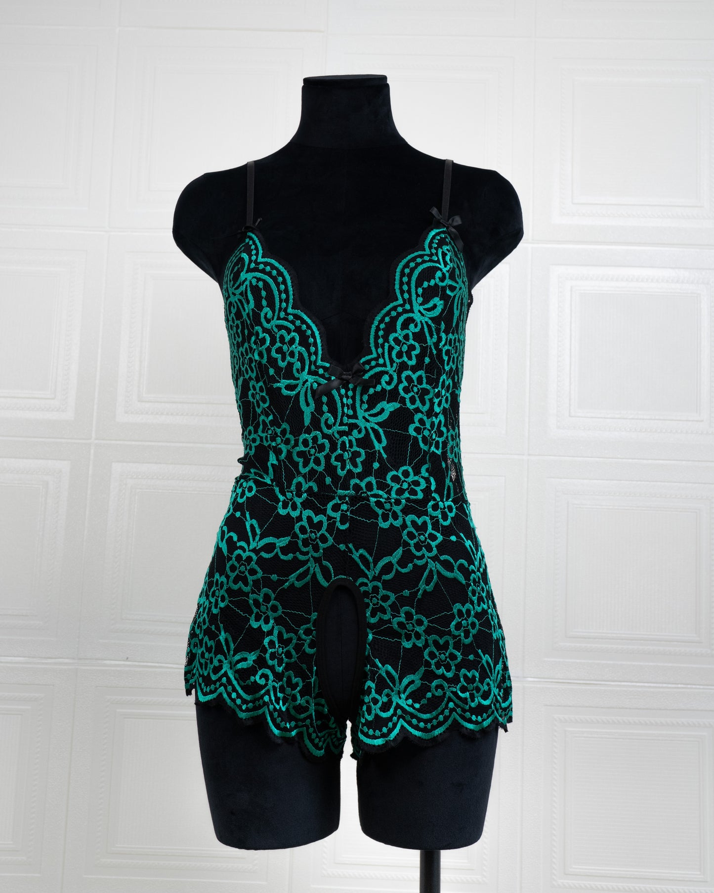 Embroidered Lace Bodysuit Black and Green - Fever Lingeries