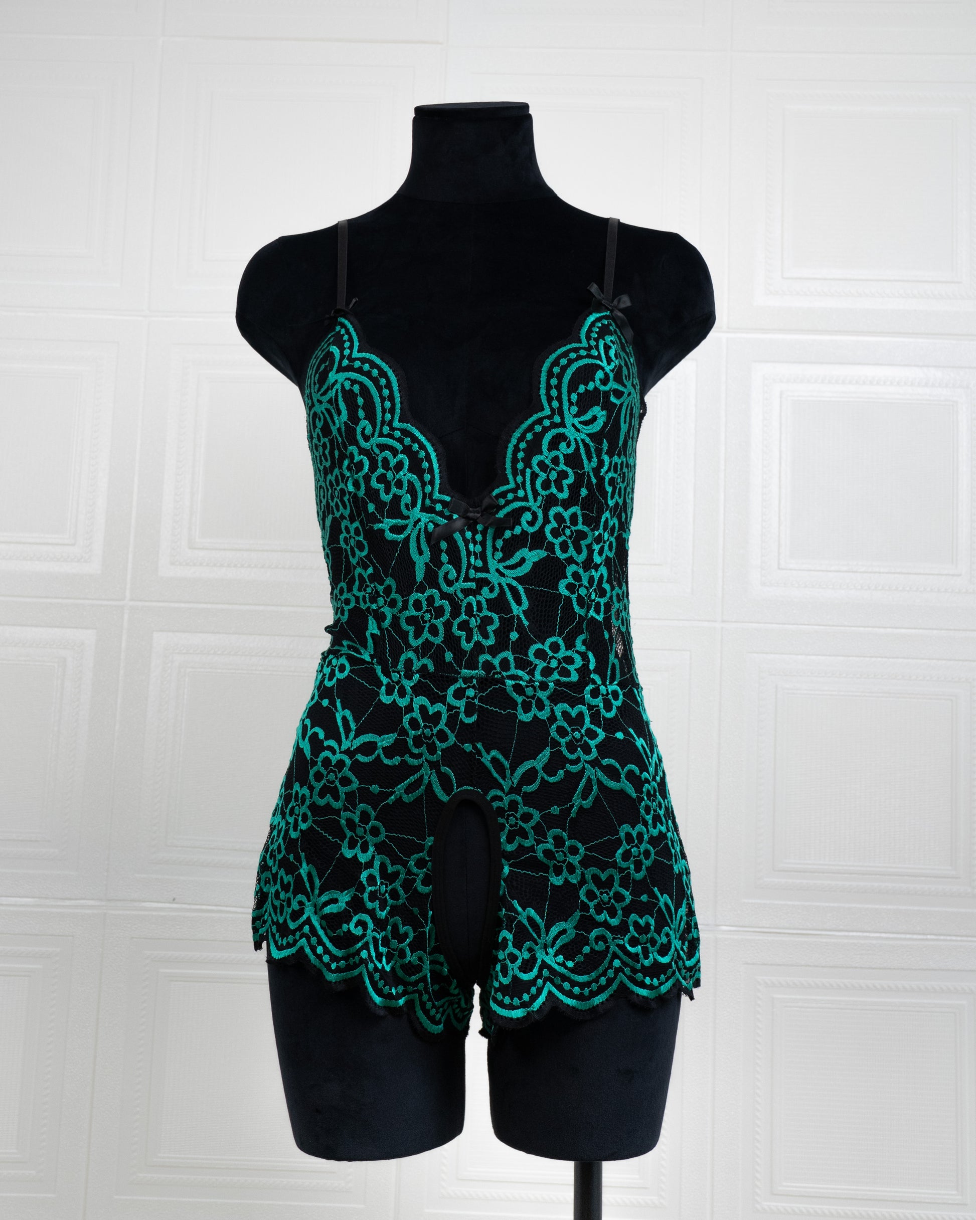 Embroidered Lace Bodysuit Black and Green - Fever Lingeries