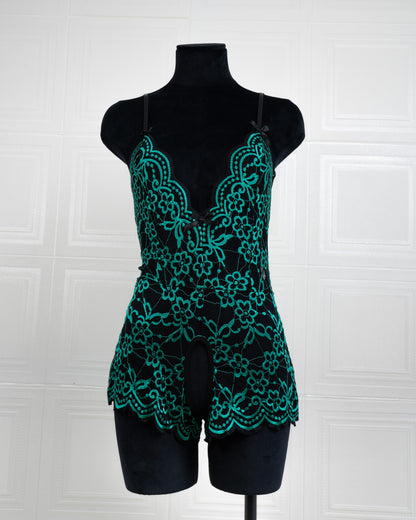Embroidered Lace Bodysuit Black and Green - Fever Lingeries