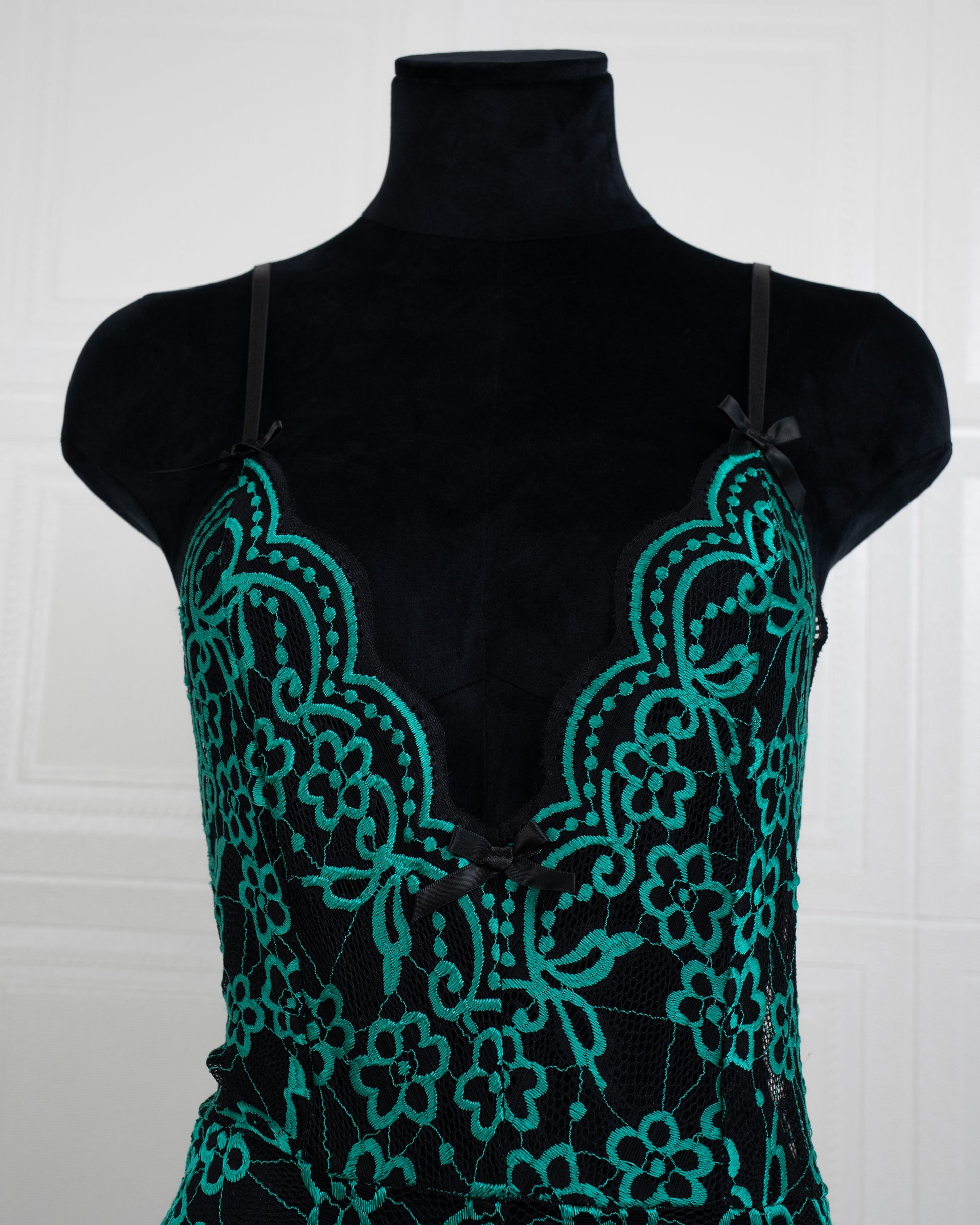 Embroidered Lace Bodysuit Black and Green - Fever Lingeries
