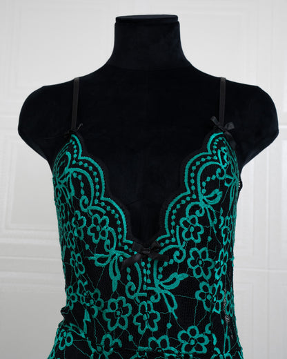 Embroidered Lace Bodysuit Black and Green - Fever Lingeries