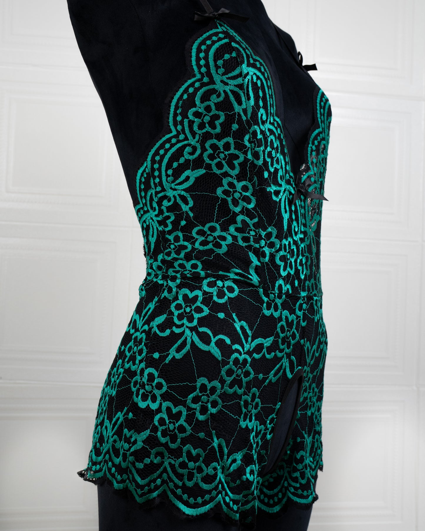 Embroidered Lace Bodysuit Black and Green - Fever Lingeries