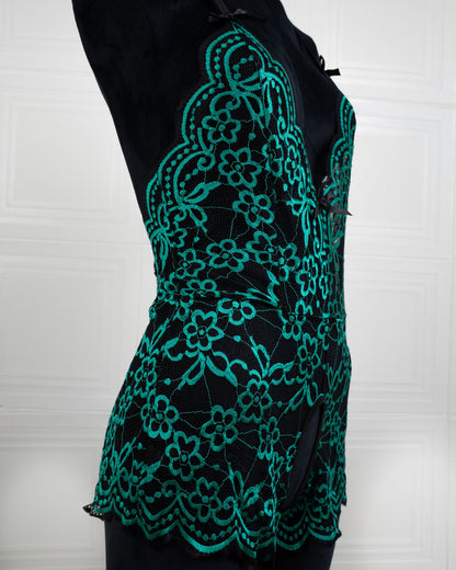 Embroidered Lace Bodysuit Black and Green - Fever Lingeries