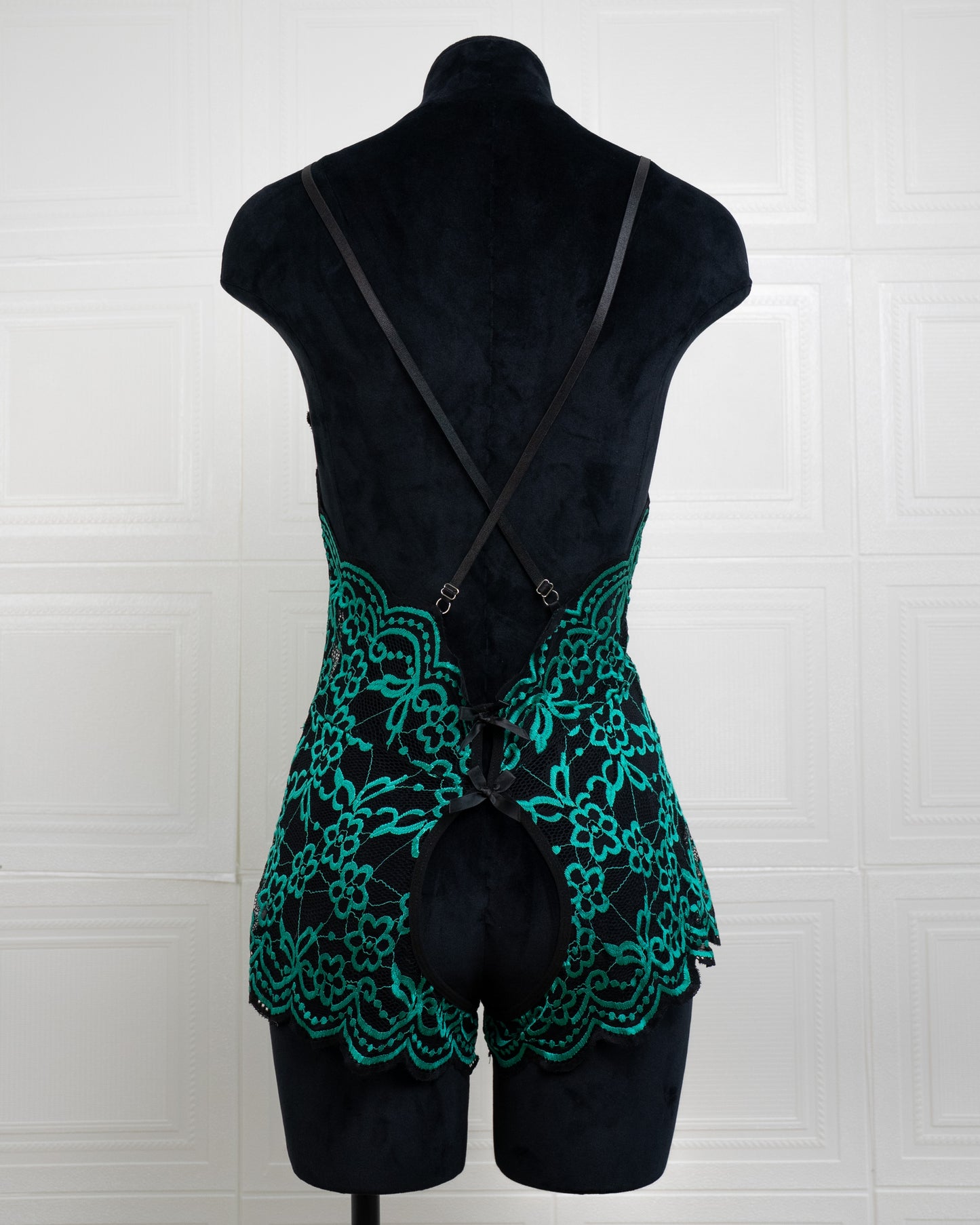 Embroidered Lace Bodysuit Black and Green - Fever Lingeries