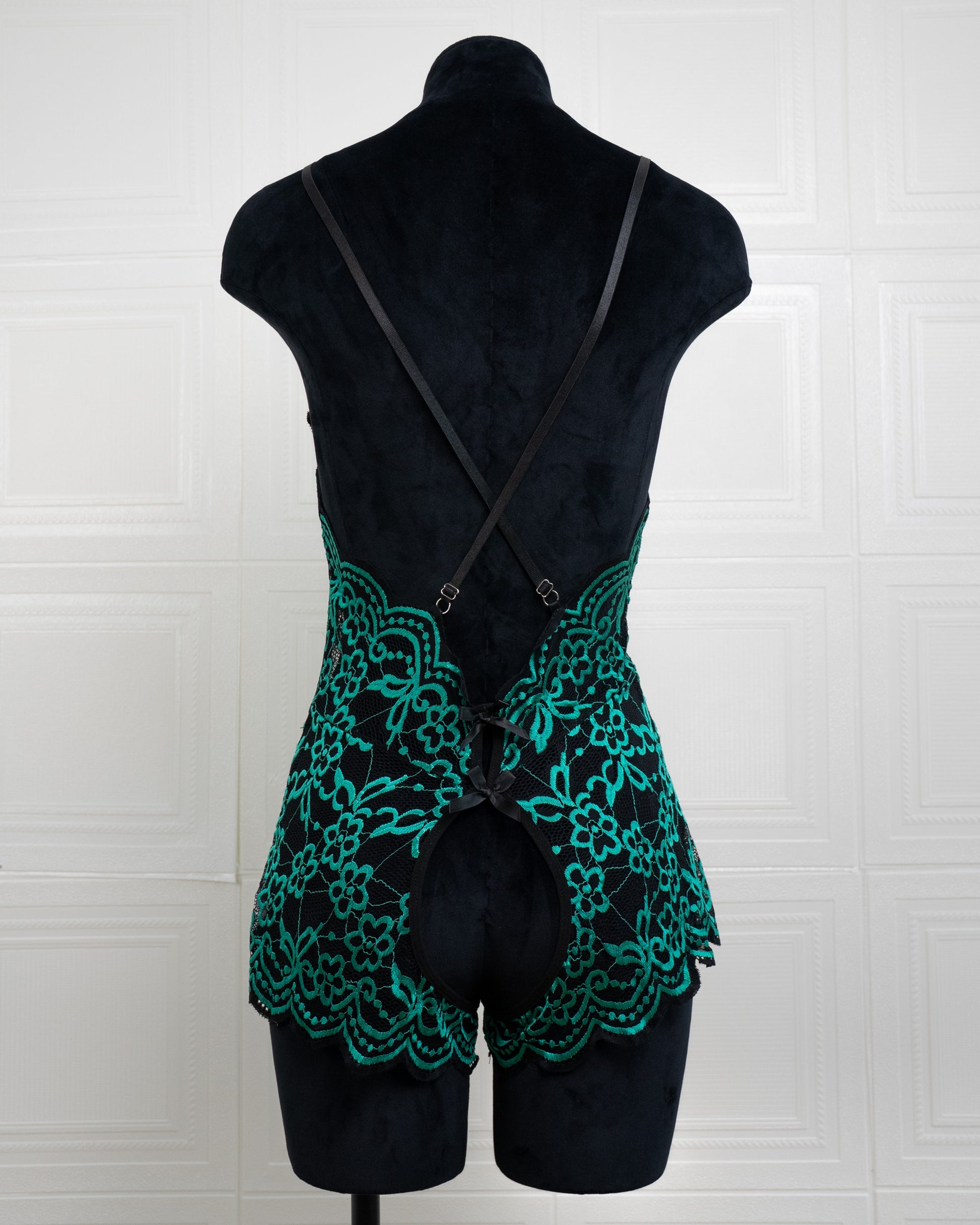 Embroidered Lace Bodysuit Black and Green - Fever Lingeries