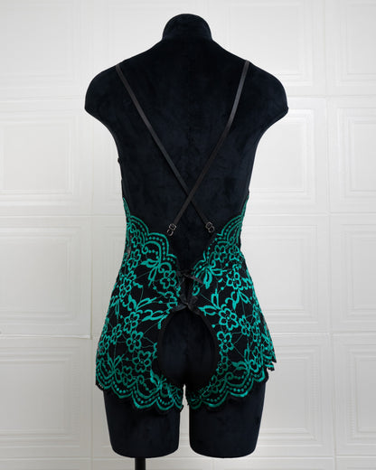 Embroidered Lace Bodysuit Black and Green - Fever Lingeries