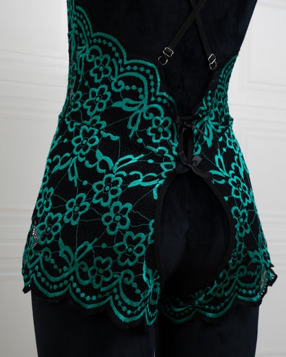 Embroidered Lace Bodysuit Black and Green - Fever Lingeries