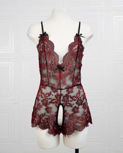 Embroidered Lace Bodysuit Black and Red - Fever Lingeries