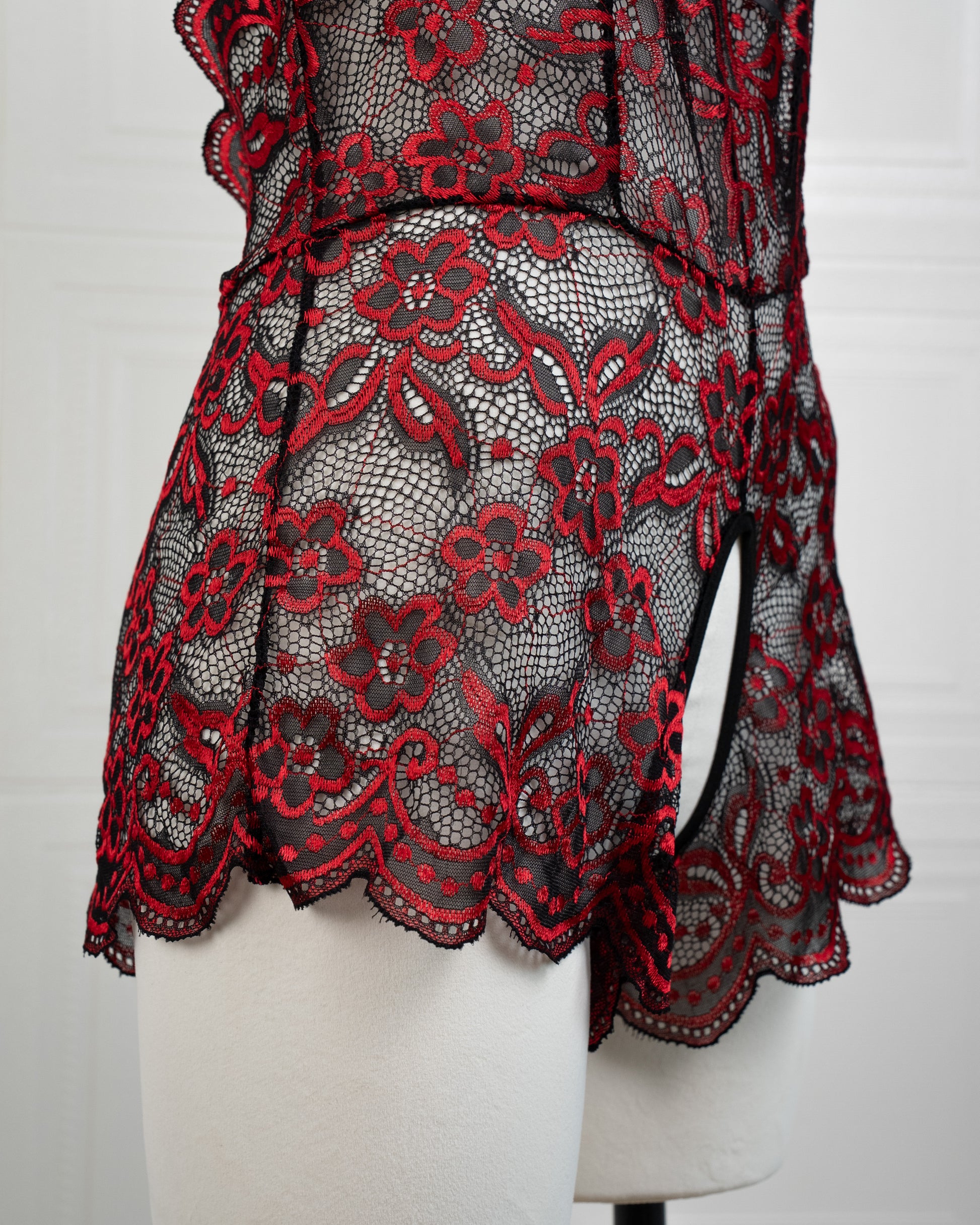 Embroidered Lace Bodysuit Black and Red - Fever Lingeries