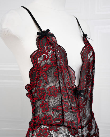 Embroidered Lace Bodysuit Black and Red - Fever Lingeries