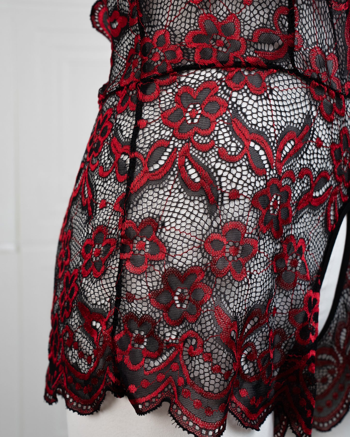 Embroidered Lace Bodysuit Black and Red - Fever Lingeries