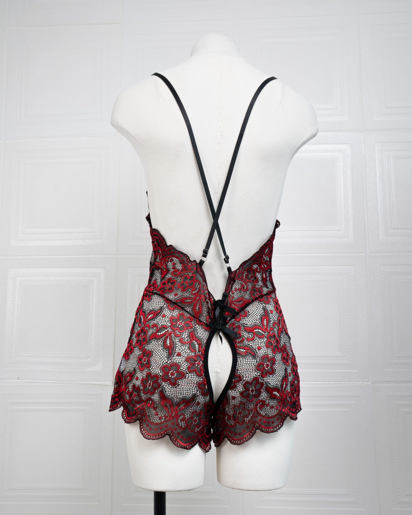 Embroidered Lace Bodysuit Black and Red - Fever Lingeries
