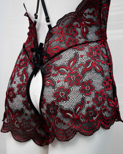 Embroidered Lace Bodysuit Black and Red - Fever Lingeries