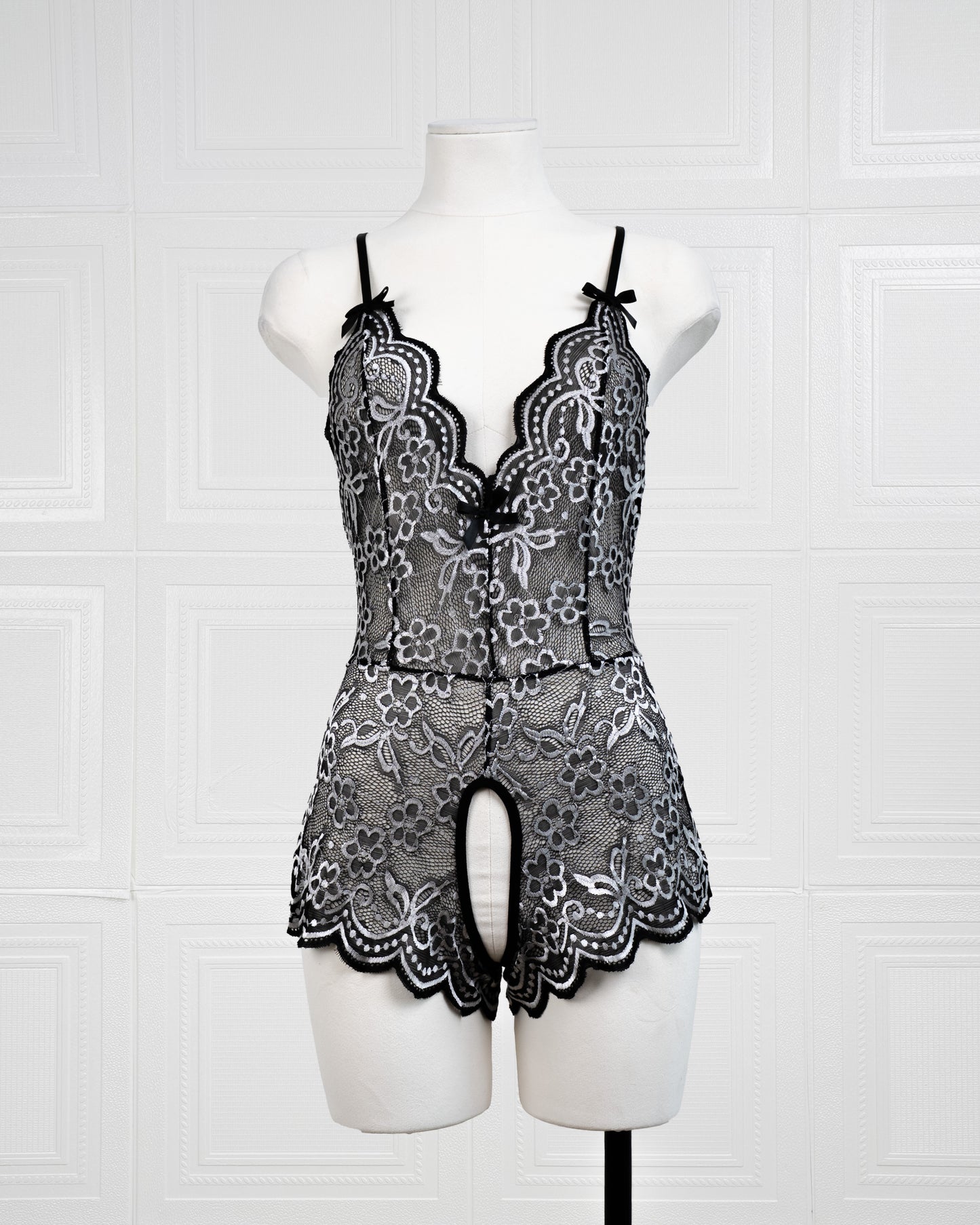 Embroidered Lace Bodysuit Black and White - Fever Lingeries
