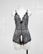 Embroidered Lace Bodysuit Black and White - Fever Lingeries