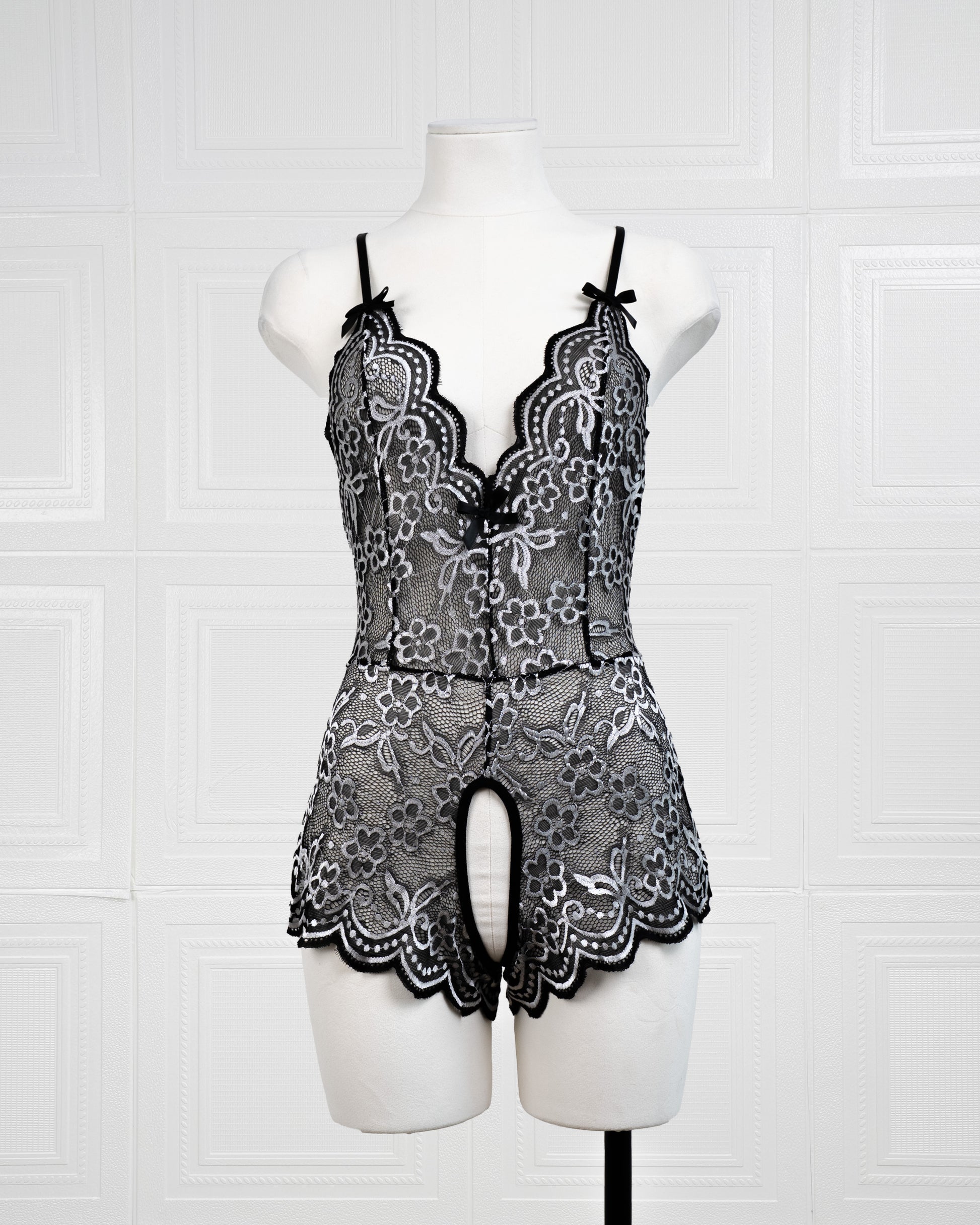 Embroidered Lace Bodysuit Black and White - Fever Lingeries