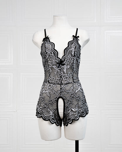 Embroidered Lace Bodysuit Black and White - Fever Lingeries