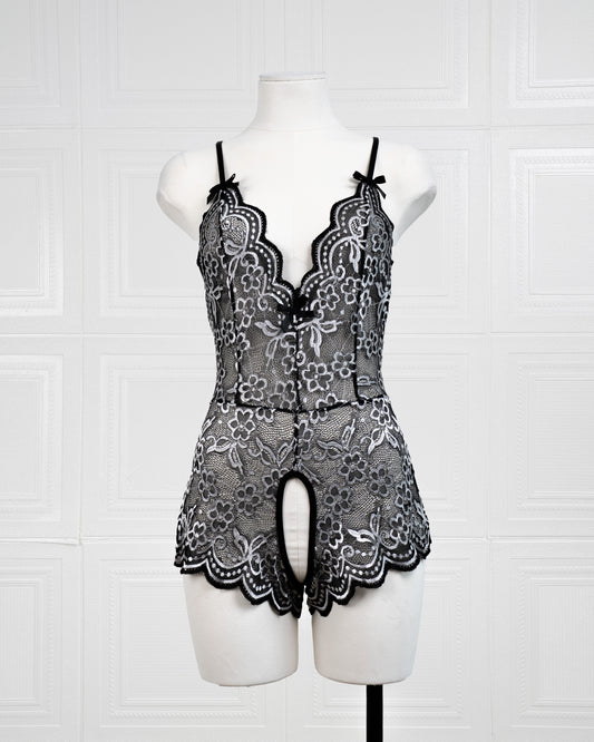 Embroidered Lace Bodysuit Black and White - Fever Lingeries
