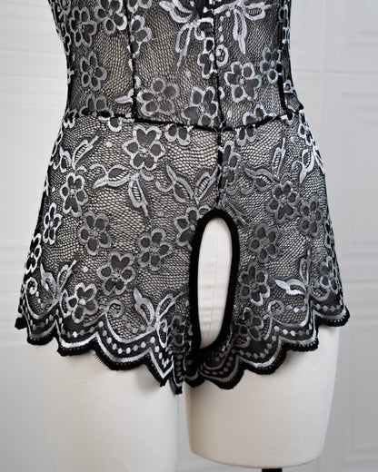 Embroidered Lace Bodysuit Black and White - Fever Lingeries