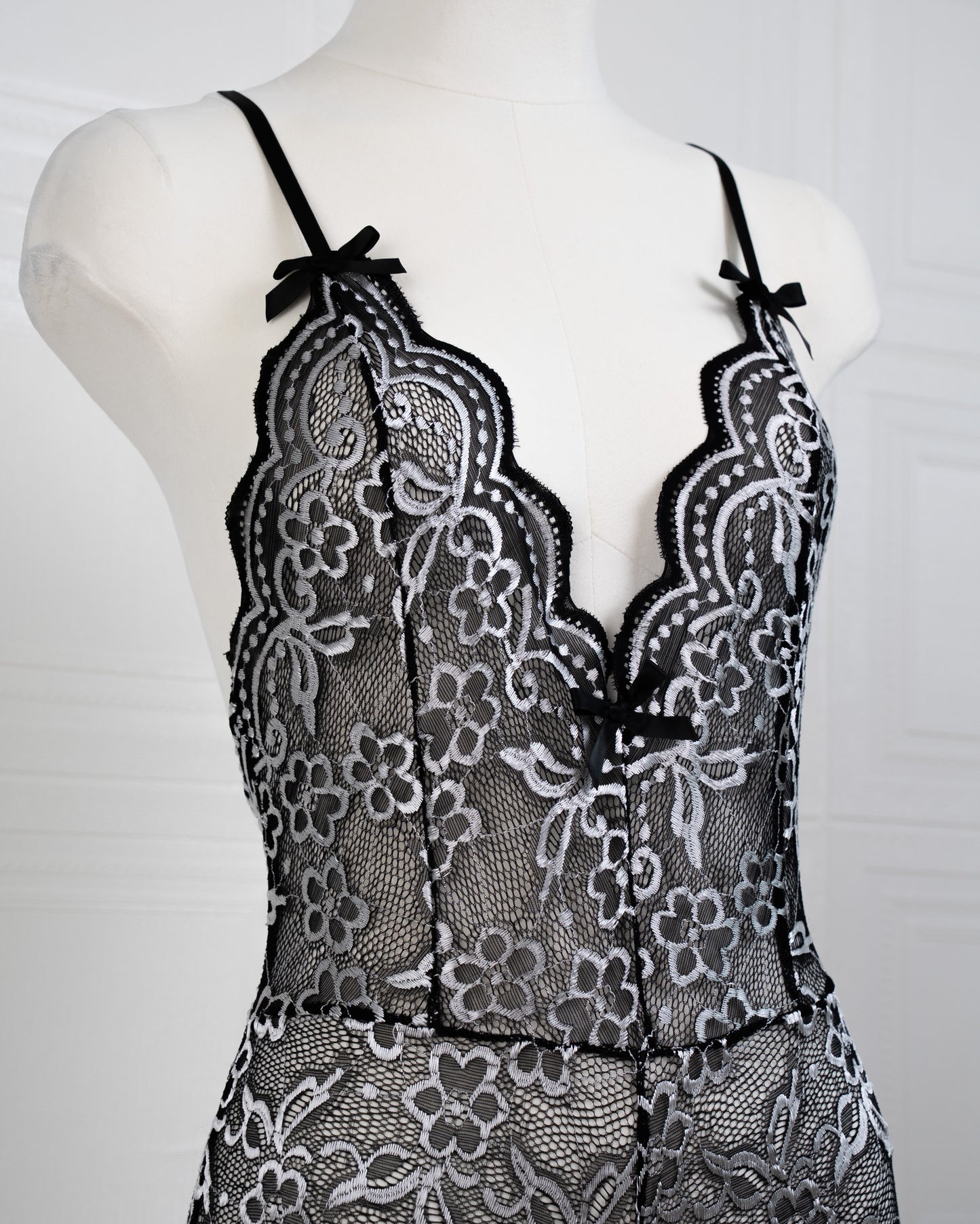 Embroidered Lace Bodysuit Black and White - Fever Lingeries